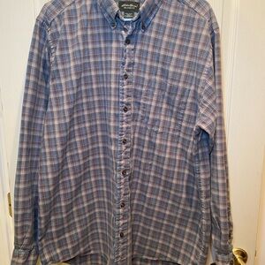 Eddie Bauer Men's Blue and Gray Plaid Shirt